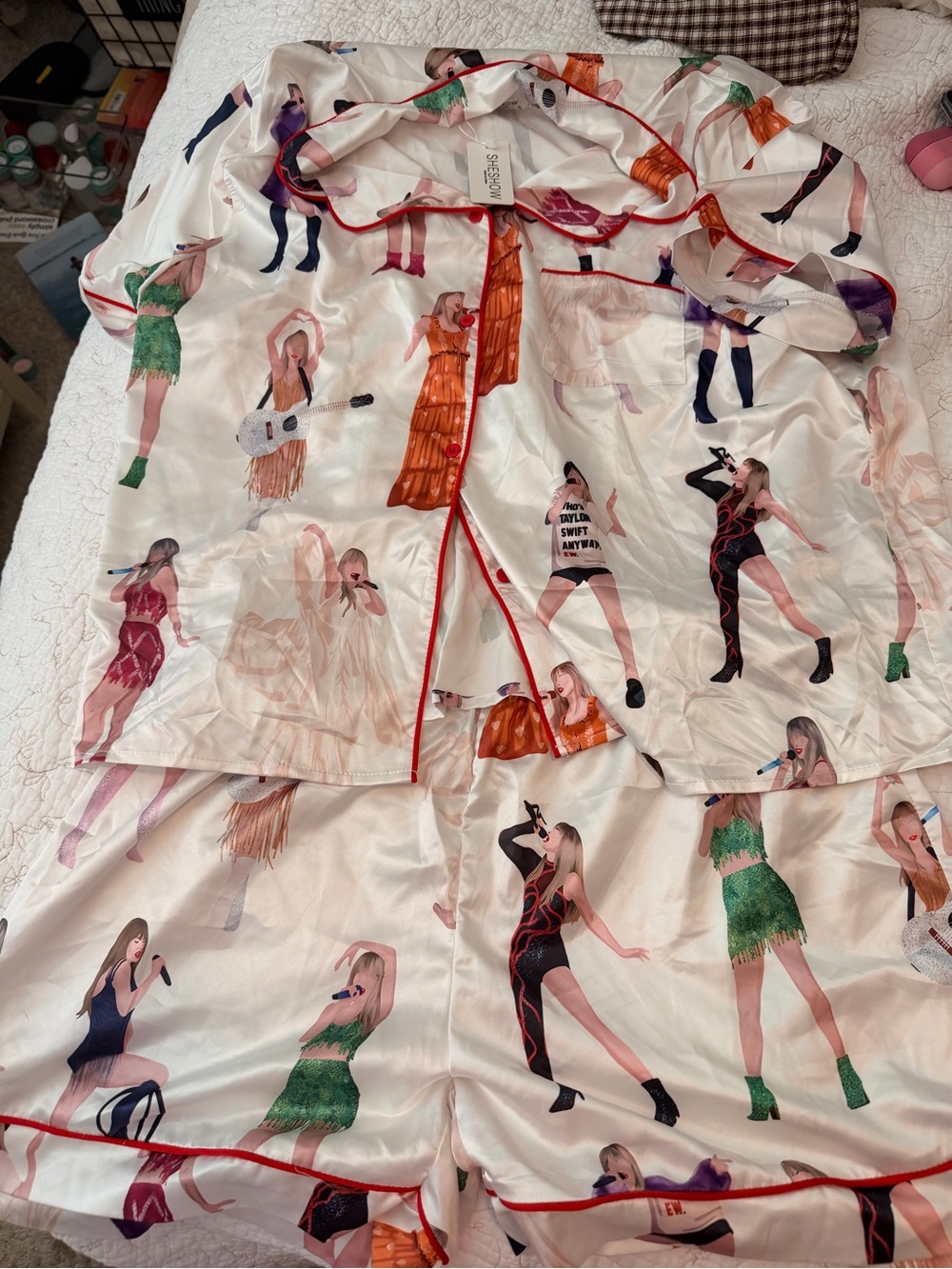 Printed Satin Pajama Set with Red Trim - Women